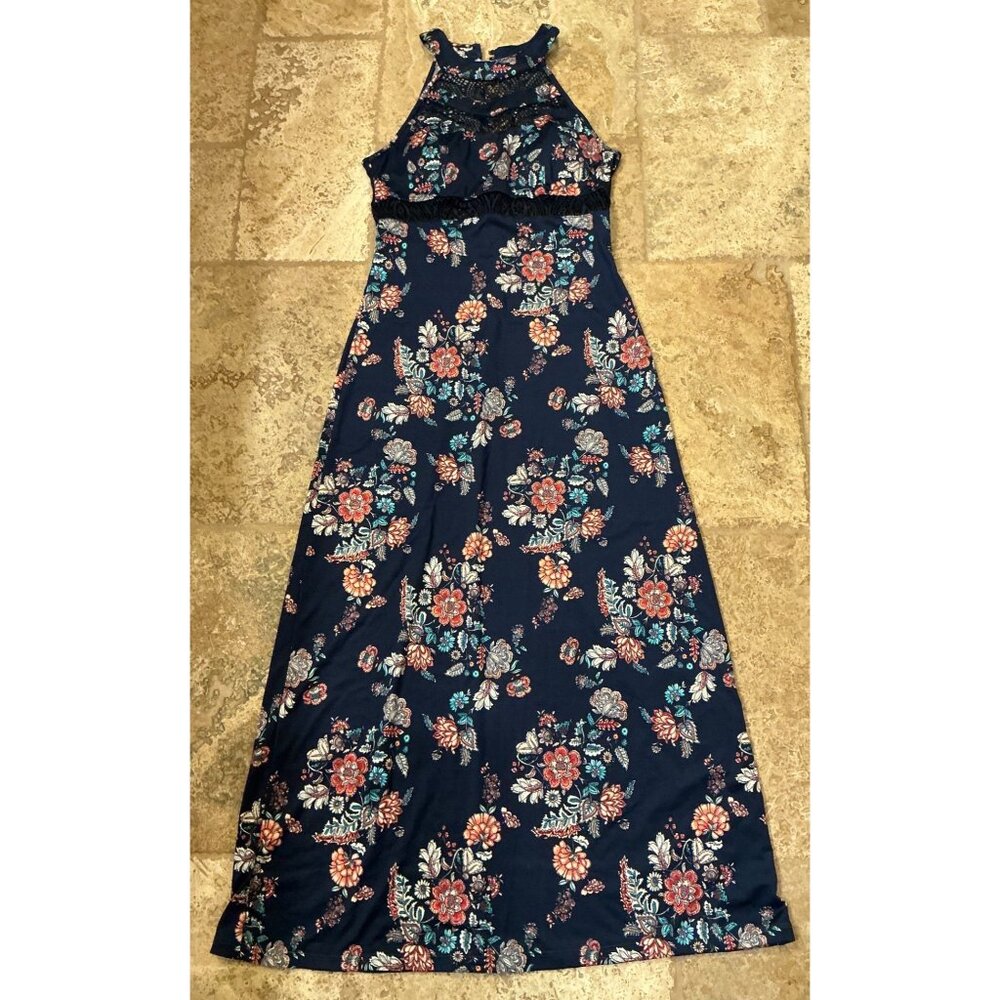 Emerald Sundae Floral Halter Maxi Dress With Lace Details Size M Multicolor